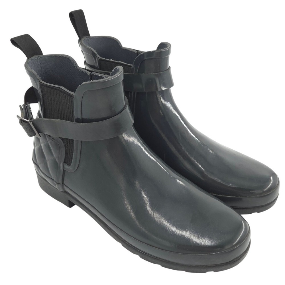 Hunter Chelsea Rain Boots Women 9 Gray Quilted Gloss Refined Slim Fit Buckle